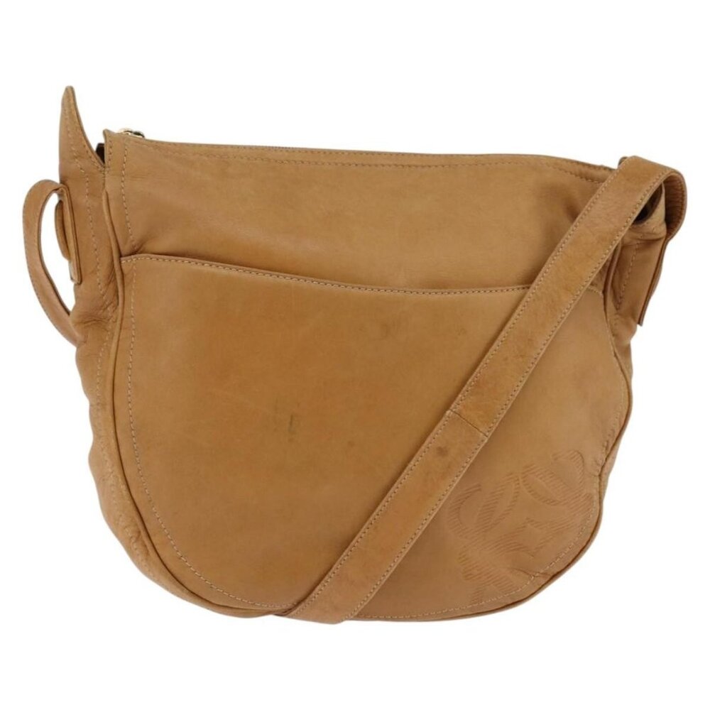 LOEWE Anagram Shoulder Bag Leather Brown Gold Auth